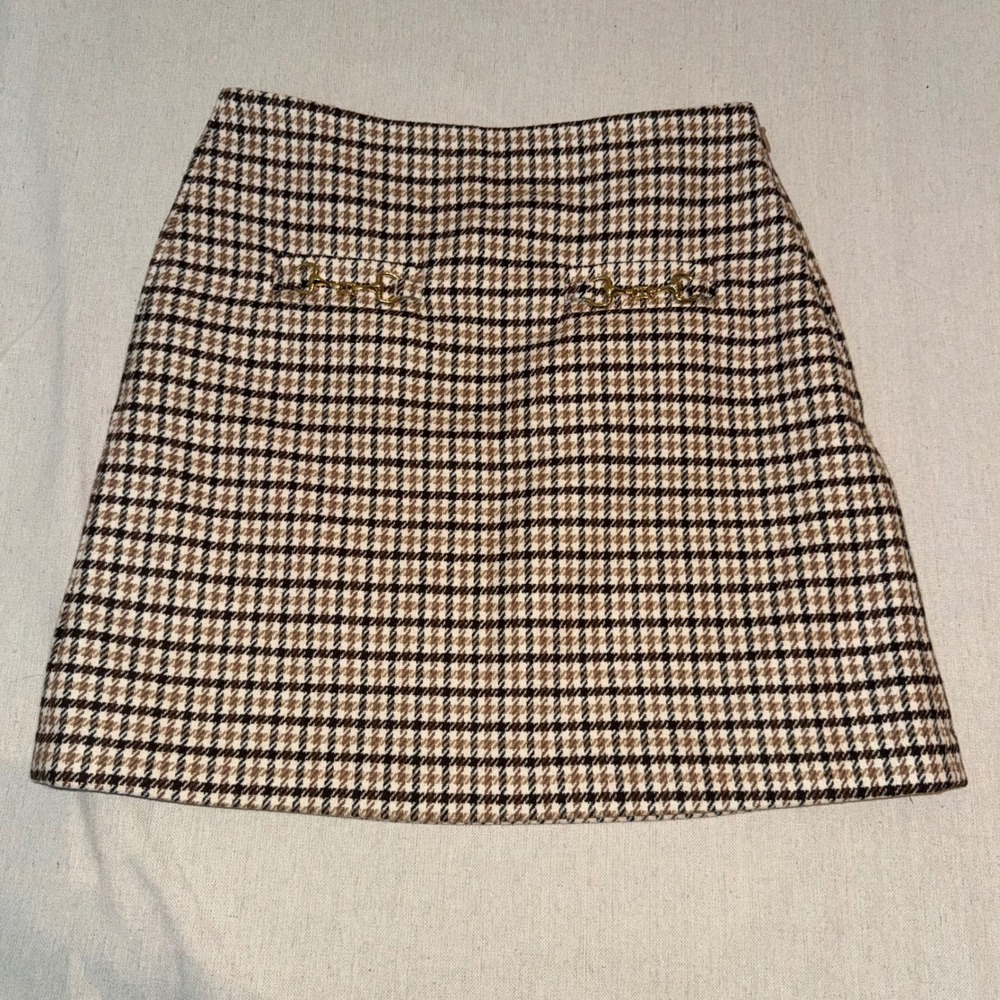 Loft Brown Houndstooth Wool Blend Horsebit Mini Skirt Size 2 Preppy Chic